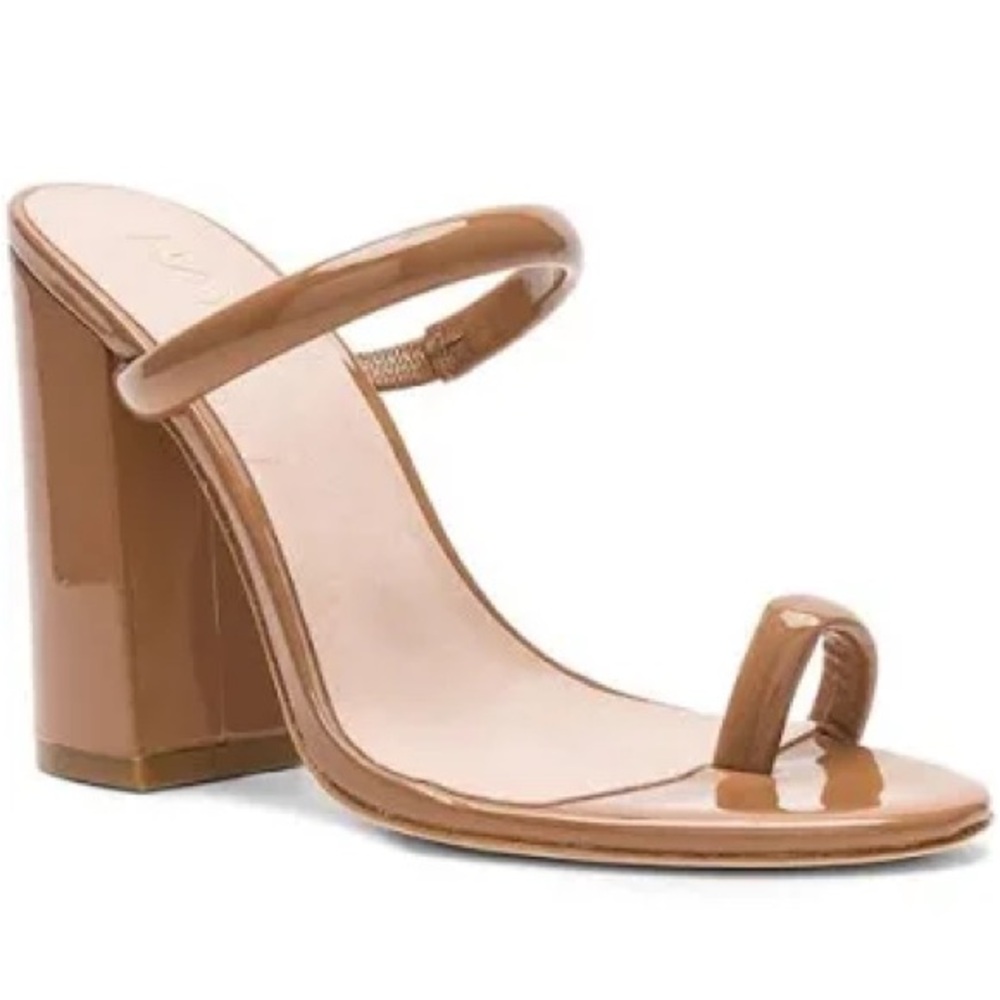 RAYE Tan Patent Leather Block Heel Slide Sandals Size 8.5